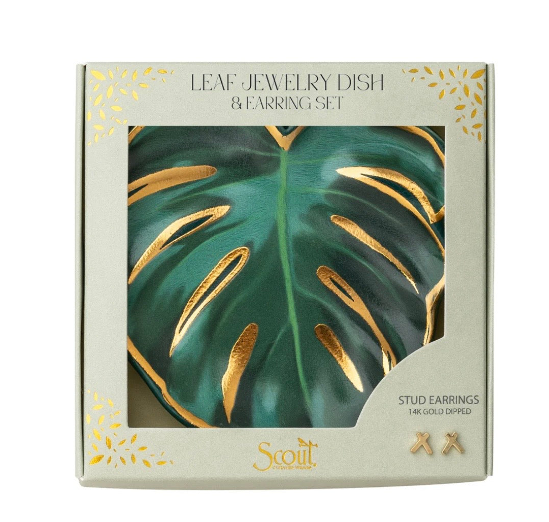 Jewelry Dish & Stud Earring Set - Leaf/Sage