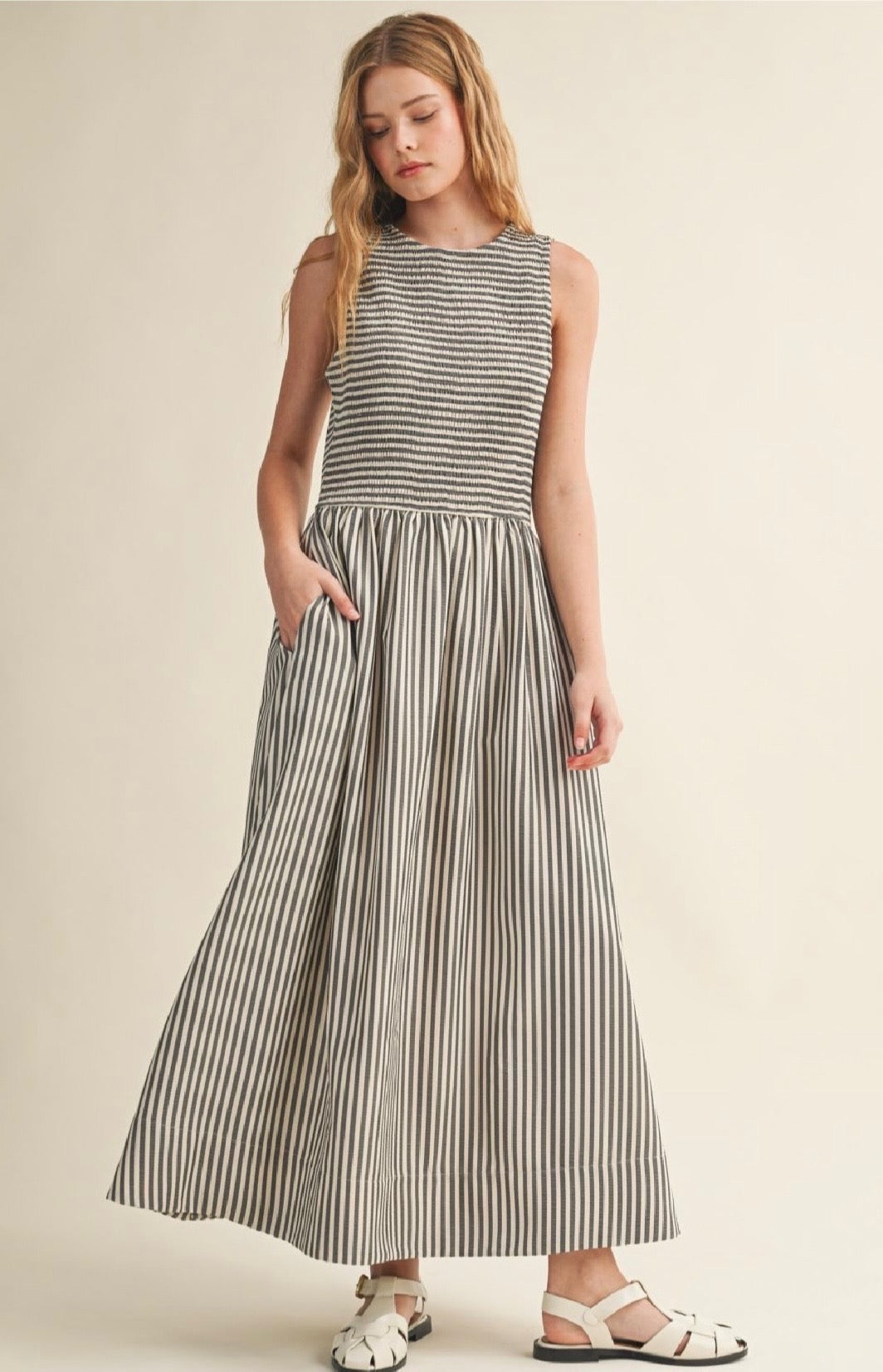 Striped Smocked Bodice Maxi Dress-Black