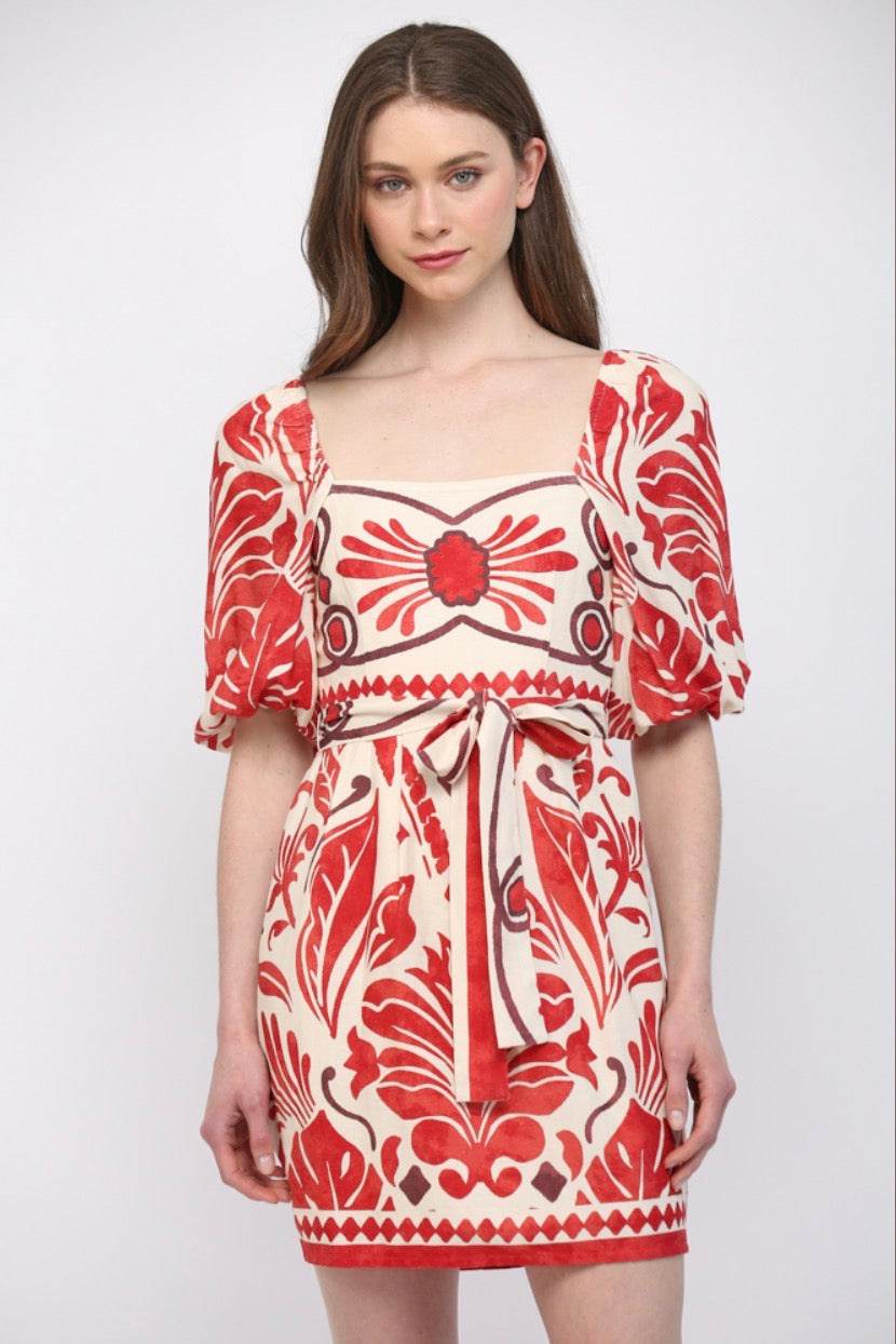 Geo Print Linen Blend Dress