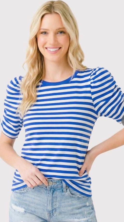 Stripe Top w/Gathered Short Sleeve