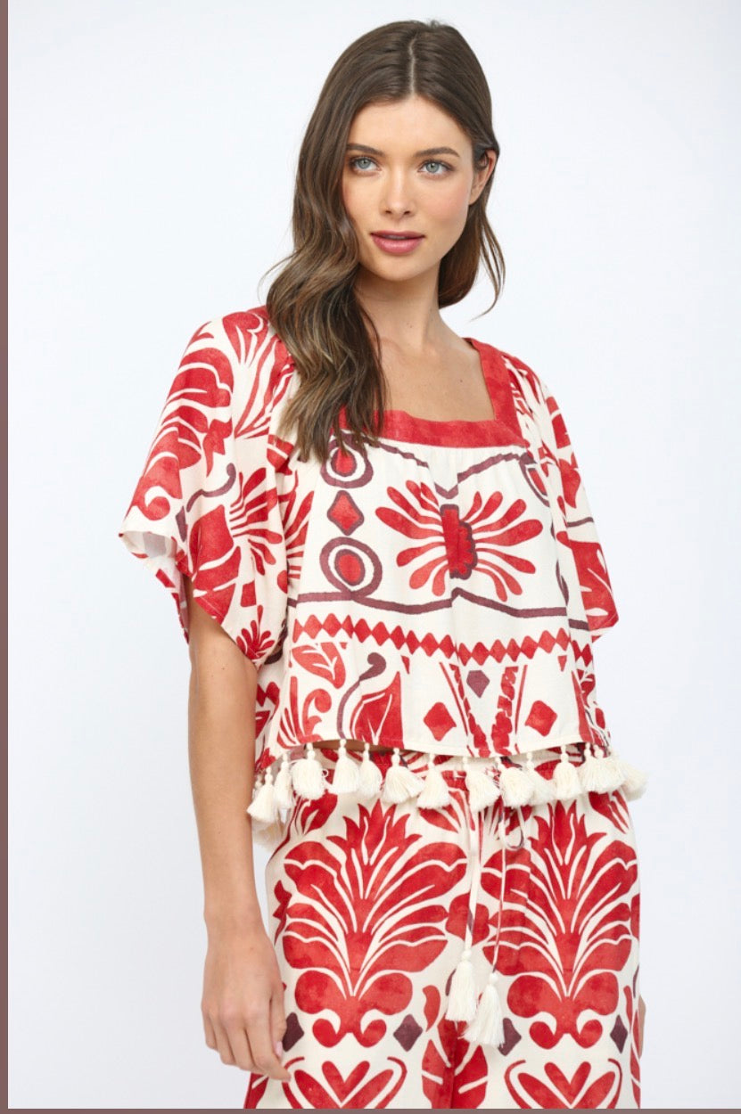 Geo Print Tassel Fringe Top