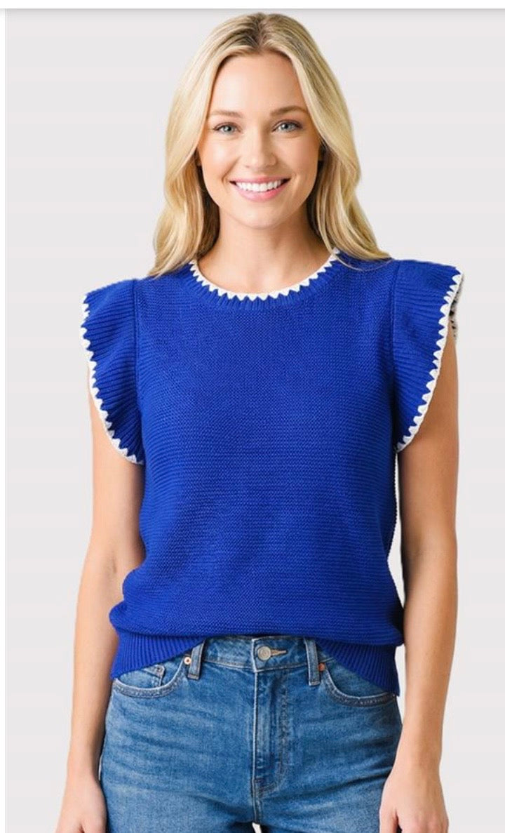 Ruffle Sleeve Top w/Stitched Hems-Royal