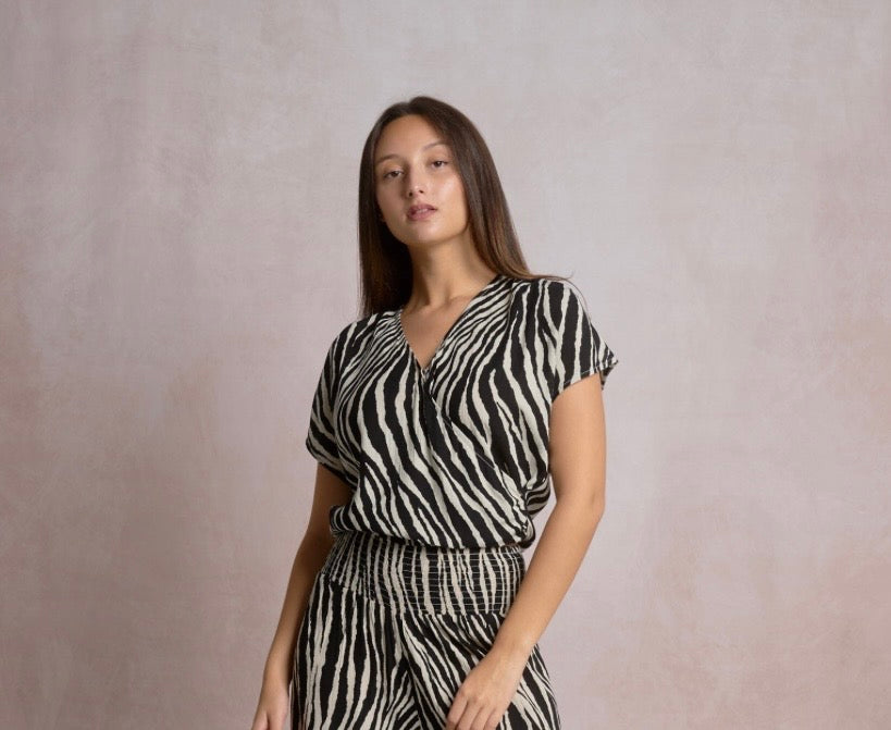 Short Sleeve V-neck Top - Black Zebra