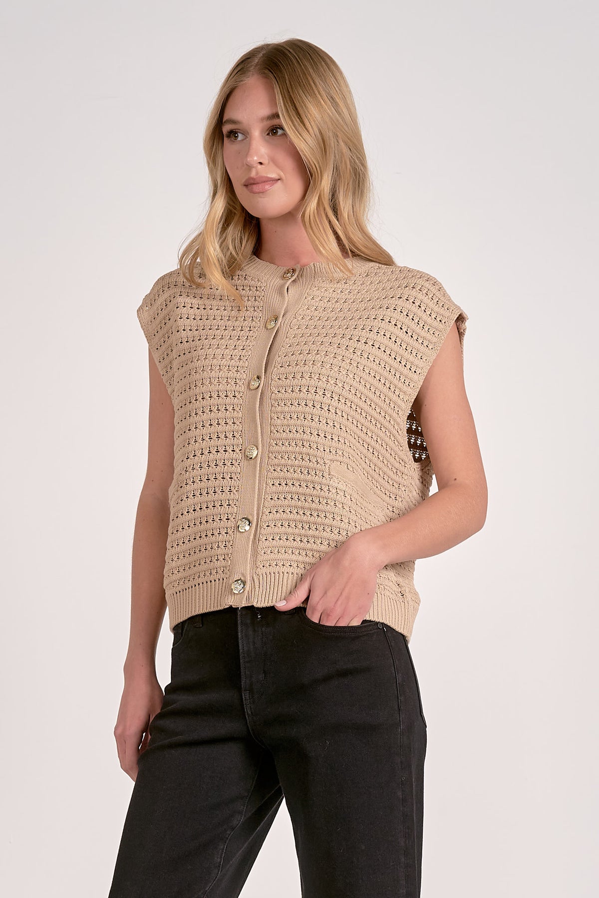 Sleeveless cardigan sweater with gold buttons-taupe