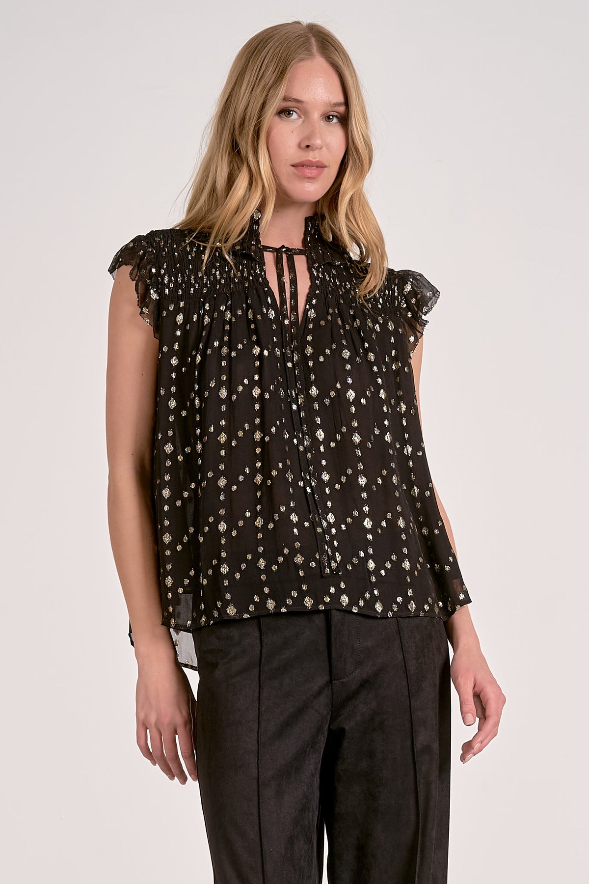 Sleeveless Tie Neck Top-Black w/Gold