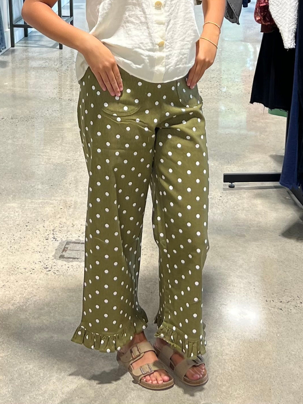 Polka Dot Ruffle Hem Pant-Olive Green