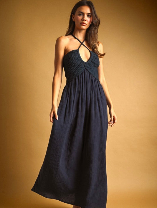 Crochet Top Gauze Halter Dress