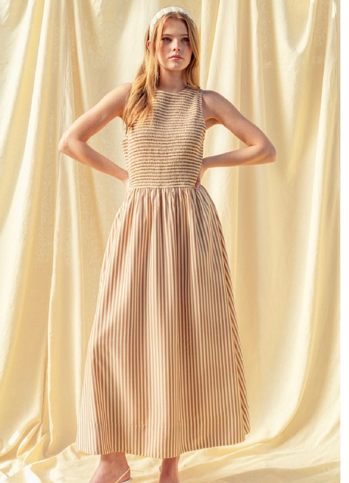 Striped Smocked Bodice Maxi Dress-Brown