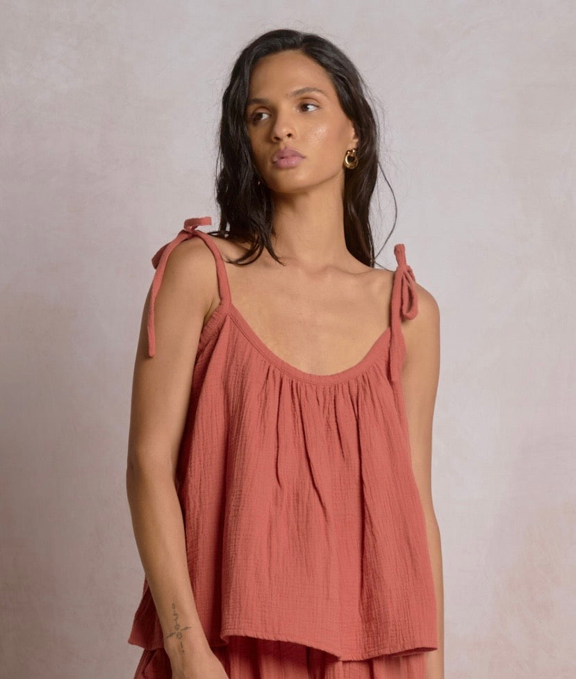 Flowy Gauze Top w/Tie Straps - Cayenne