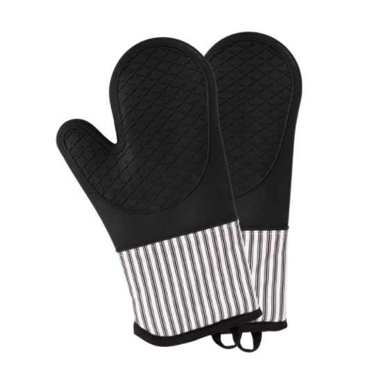 KAF Home Metro Stripe Silicone Oven Mitt - Set of 2: Black