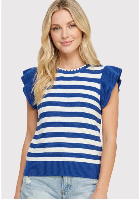 Ruffle Sleeve Top w/Stitched Hems-Royal Stripe