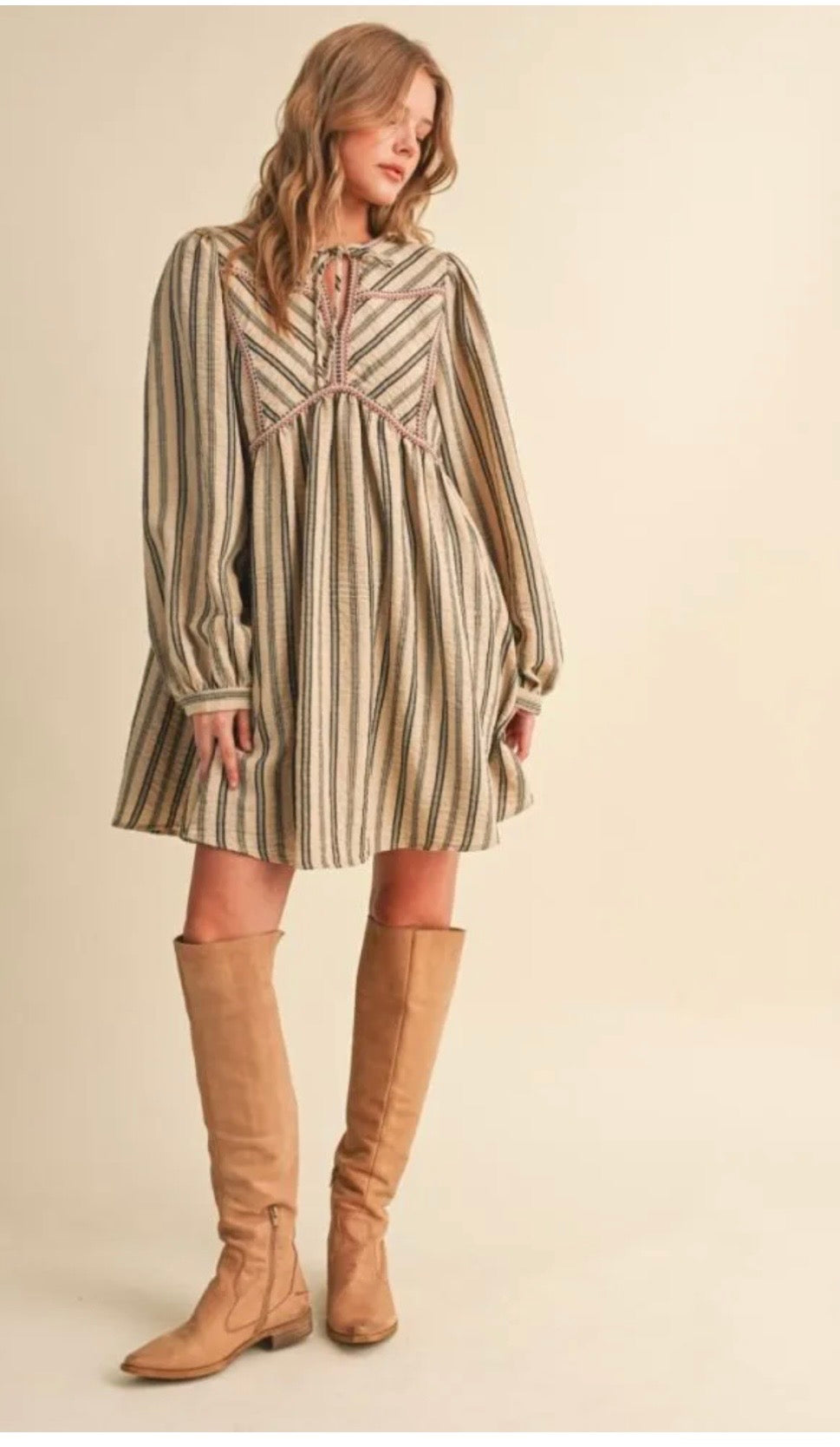 Striped Mini Dress with Contrast Rope Trim