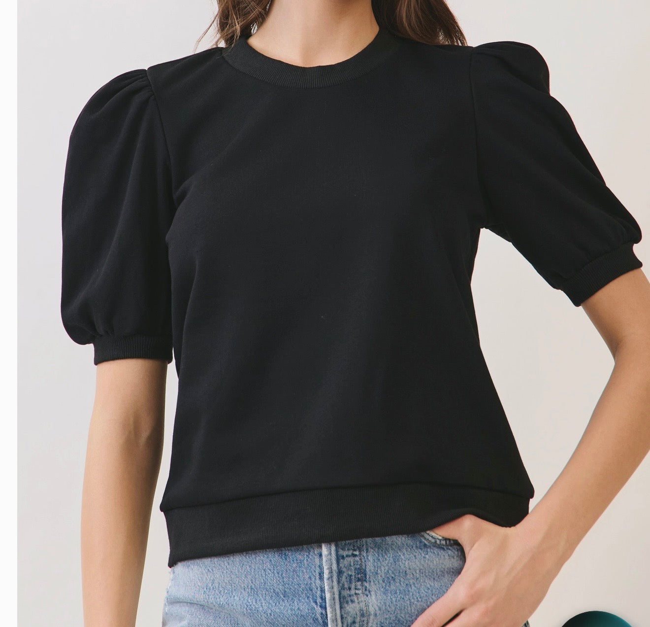 Crew Neck Puff Sleeve Top-Black