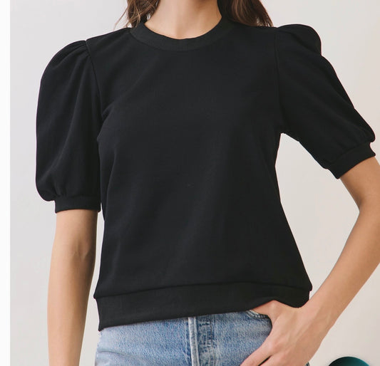 Crew Neck Puff Sleeve Top-Black
