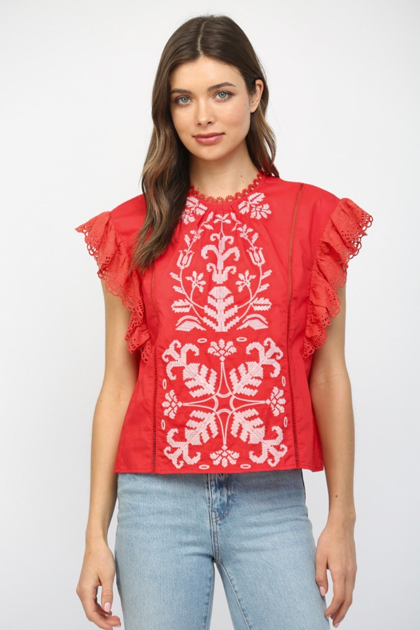 Embroidered Detail Flutter Sleeve Top