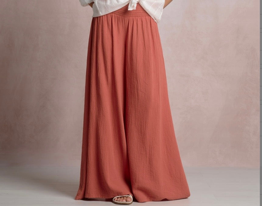Gauze Wide Leg Pants-Cayenne