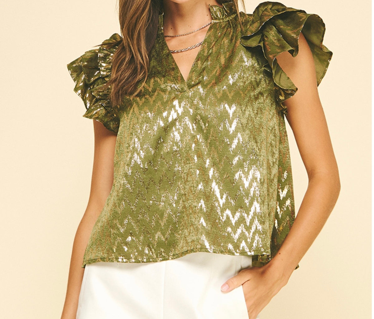 RUFFLE SLEEVE TOP-OLIVE