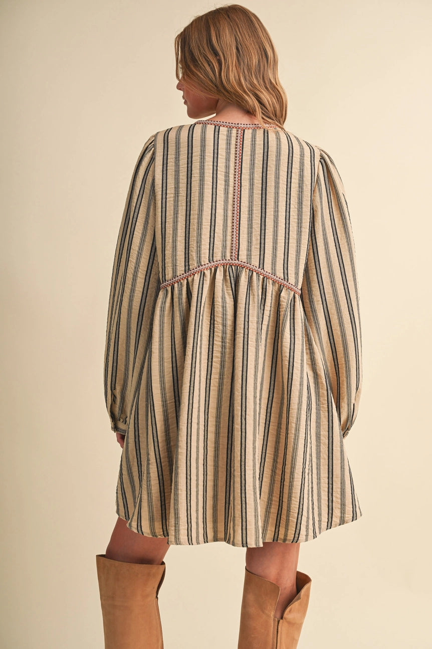 Striped Mini Dress with Contrast Rope Trim
