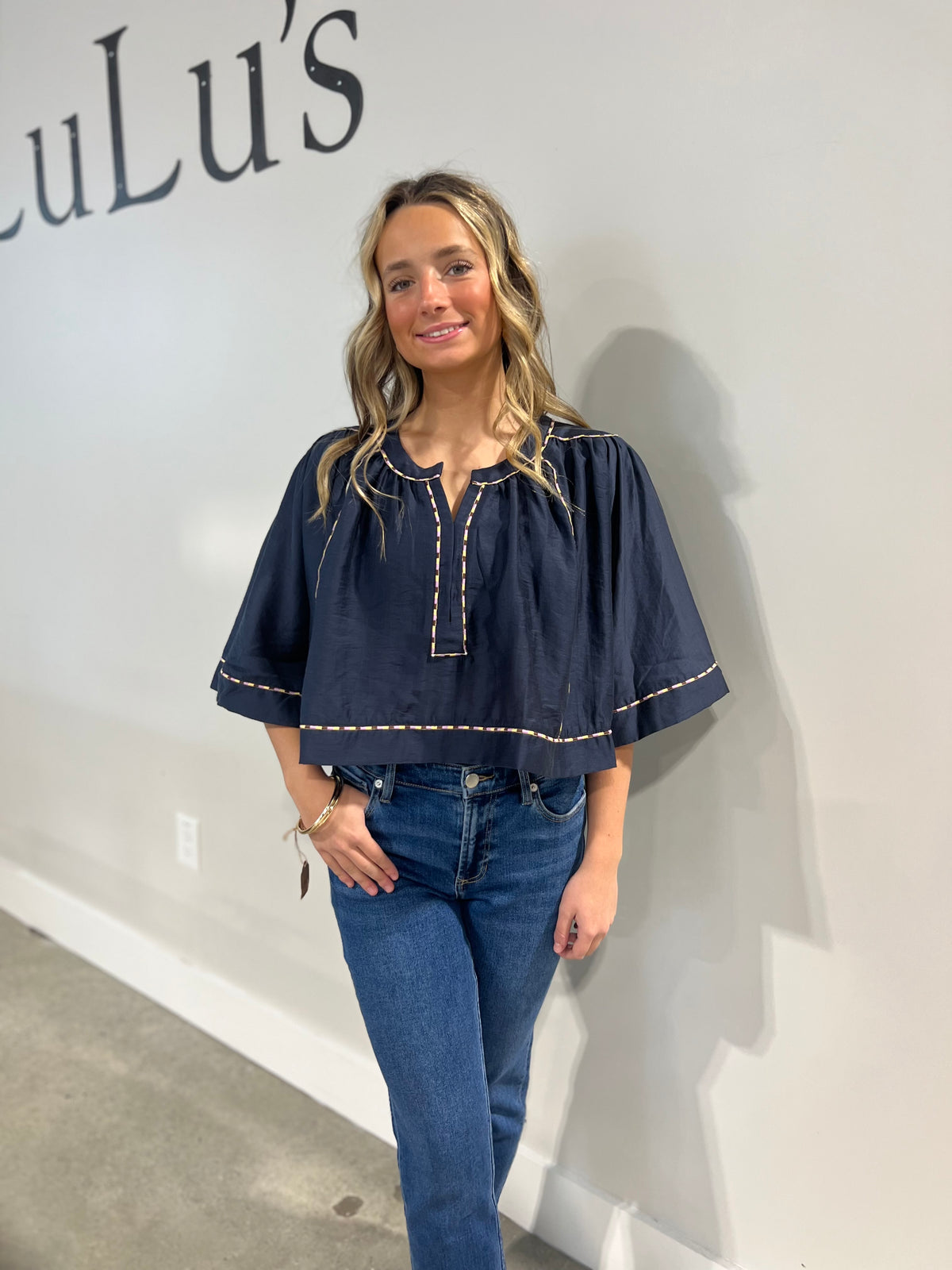 ￼Piped Detail Flutter Sleeve Crop Top