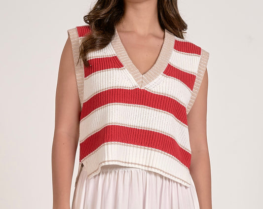 Deep V sweater vest- red stripe