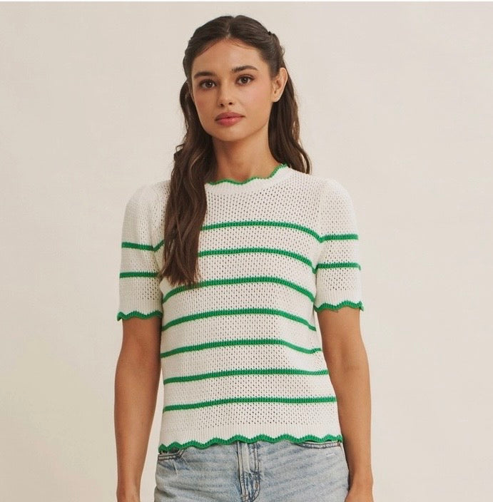 Green Stripe Sweater w/Scallop Trim