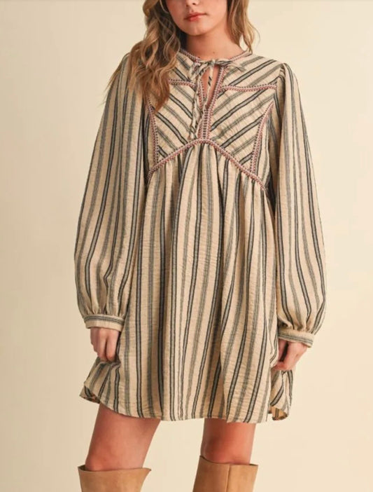 Striped Mini Dress with Contrast Rope Trim
